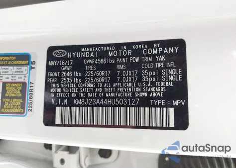 2017 Hyundai Tucson Se z USA, uszkodzony, nr VIN KM8J23A44HU503127